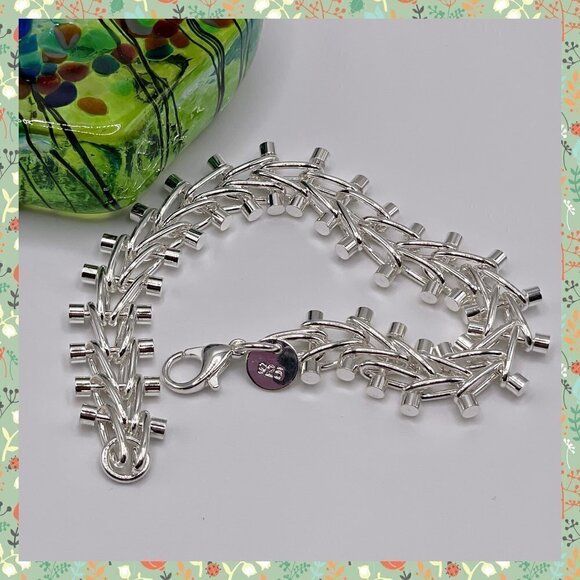 Sterling Silver 925 Smooth Crossbar and Nails Chain Bracelet #1129 - Picture 1 of 4